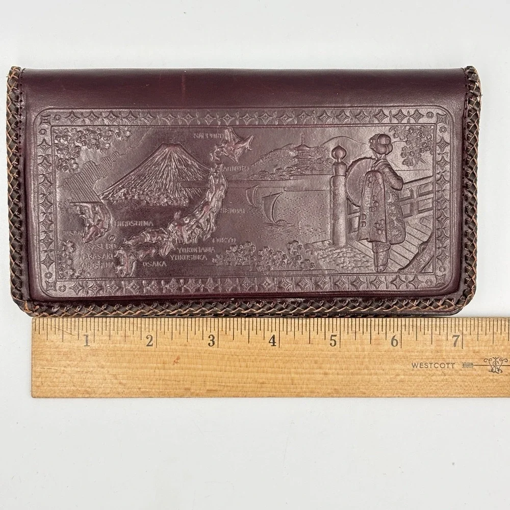 Vintage Embossed Leather Wallet Japanese Japan Map Dragon Bi-fold Dark Brown